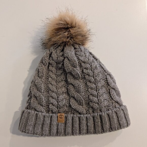 Timberland Accessories - Timberland Grey Cable Knit Beanie with Faux Fur Pom Pom